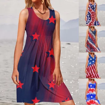 Женское повседневное платье на бретелях с американским флагом от 4 июля длиной до колен без рукавов
