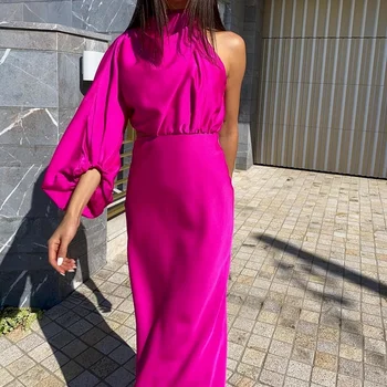 Летние женские атласные платья 2023 года с рукавом-фонариком на одно плечо, облегающая женская одежда, элегантное розовое платье Миди для клубной вечеринки и офиса