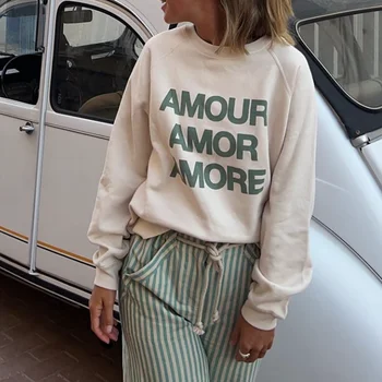 ZESSAM Многоцветная толстовка с графическим принтом в виде буквы Amour, Женский хлопковый пуловер с длинным рукавом и круглым вырезом, винтажный повседневный женский топ