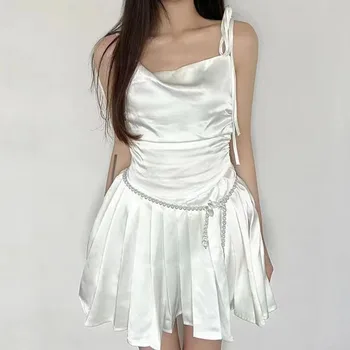 Корейское модное Белое атласное мини-платье, женское элегантное платье для выпускного вечера в стиле харадзюку, летняя одежда, Белые клубные наряды для женщин