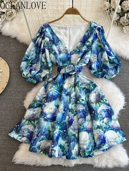 OCEANLOVE Весенне-летние платья для женщин с пышными рукавами и цветочным принтом, Винтажные платья, Корейское модное Милое Мини-платье трапециевидной формы.