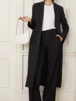 Женский прямой черный длинный пиджак 2023, зимний однобортный женский тренч с длинным рукавом