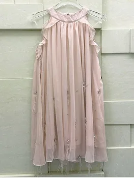 ХАЙ-СТРИТ, новейшая мода 2024 года, стильное дизайнерское женское шифоновое платье без рукавов, украшенное бриллиантами, бисером и пером