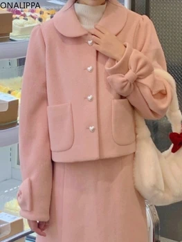 Onalippa Kawaii Bows Розовое шерстяное пальто Женское с воротником Питер Пэн, Однотонные пальто с пуговицами в форме сердца, Корейские топы с длинными рукавами Sweet Puff