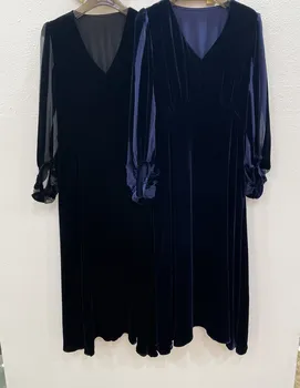2023 новый женский модный фонарь с длинными рукавами и V-образным вырезом, сшитое из сетки бархатное платье 1216