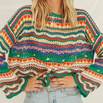 2023 Осенне-зимние свитера в полоску с цветными блоками, Женские Свободные пуловеры, повседневные трикотажные топы с длинными расклешенными рукавами и круглым воротником