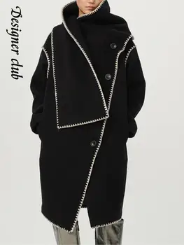 Женское Шикарное Длинное пальто с нерегулярным однобортным шарфом на шее, Модная теплая куртка с длинными рукавами 2023, Зимнее Элегантное пальто для леди.