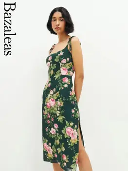 Онлайн-магазин Bazaleas, Зеленое женское платье с цветочным принтом, сексуальные платья на бретельках с регулировкой, летняя вечеринка, официальный магазин
