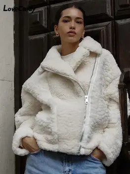2023, Осенне-зимние пальто из овечьей шерсти с отложным воротником, женская повседневная теплая куртка с косой застежкой-молнией, женская уличная однотонная верхняя одежда
