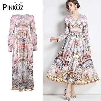Pinkoz взлетно-посадочная полоса дизайнерский цветочный узор с v-образным вырезом и длинным рукавом, макси-платья с высокой талией для женщин, винтажный праздничный шик, vestidos