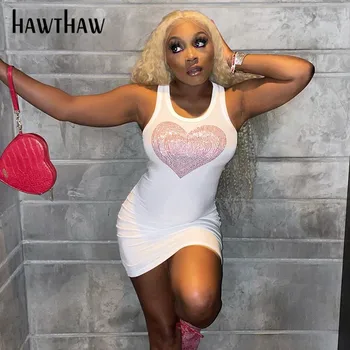 Hawthaw Женская Летняя мода Без рукавов Love Heart Облегающий пакет Хип-мини Белое платье Сарафан 2021 Женская одежда Уличная одежда