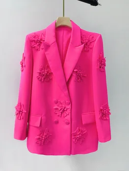 2023 Шикарный Свободный Розовый блейзер для женщин с длинным рукавом Двубортная Женская одежда в стиле пэчворк с 3D цветами Модная женская куртка Пальто