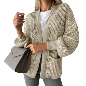 Классическая и шикарная женская трикотажная одежда большого размера, женский однотонный текстурированный вязаный теплый тонкий свитер-кардиган с карманами