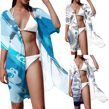 Накладки для купальных костюмов в стиле бохо, Женское кимоно с цветочным принтом, кардиган, прозрачный купальник, свободная повседневная пляжная курортная одежда