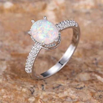 Милое обручальное кольцо с камнем в форме яйца, Белый Огненный опал, Большие овальные кольца Для женщин, Обручальные кольца из старинного серебра, Модные украшения