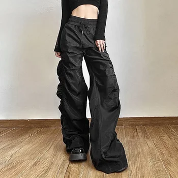 Американские мешковатые брюки для уборки, женские панковские Черные повседневные брюки с высокой талией, женская уличная одежда в стиле хип-хоп, широкие брюки со складками, женские брюки