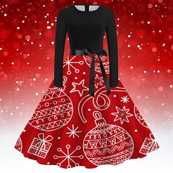 Рождественские платья средней длины, Женские вечерние платья с круглым вырезом и длинным рукавом с принтом, Винтажное платье-пуловер с широким поясом, Туника