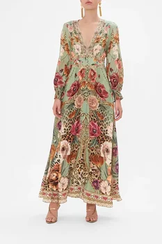 Lvydala, 100% шелк, женское длинное платье в богемном стиле с V-образным вырезом и винтажным цветочным принтом, эластичный пояс, Длинный рукав, пуговицы, платье миди
