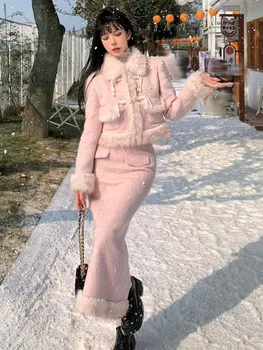 Женские розовые милые Элегантные пальто в стиле пэчворк из искусственного меха + узкие юбки, комплект из 2 предметов, Корейский темперамент, теплый костюм с отложным воротником Y2k
