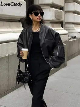 2023 Женская осенняя черная куртка из искусственной кожи, повседневная свободная велосипедная куртка на молнии с круглым вырезом, модный тренд, женское мотоциклетное пальто