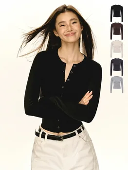 Осенне-зимний женский новый свитер 2024 года с круглым вырезом и пуговицами, приталенная рубашка с длинными рукавами, вязаный кардиган, пальто, базовая рубашка