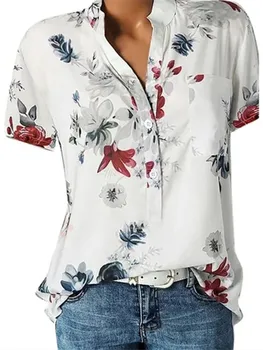 Элегантная женская блузка с цветочным принтом в стиле ретро, весна-лето, V-образный вырез на пуговицах, Короткий рукав, Повседневные офисные топы, блузы