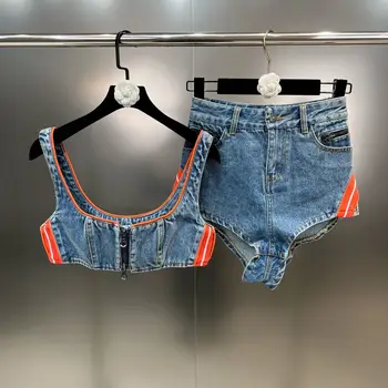 Absgd 2023, Летний ультракороткий топ на молнии с джинсовыми шортами, комплект Spicy Girls для женщин