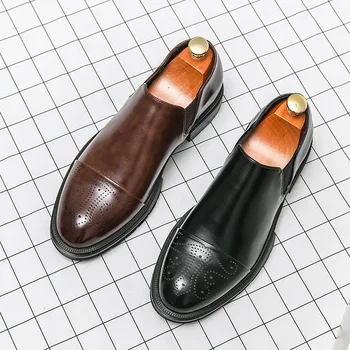 2023 Оксфорды Обувь Мужская Черная Модная рабочая обувь без застежки Мужские официальные мокасины с резьбой Деловые Итальянские лоферы ручной работы