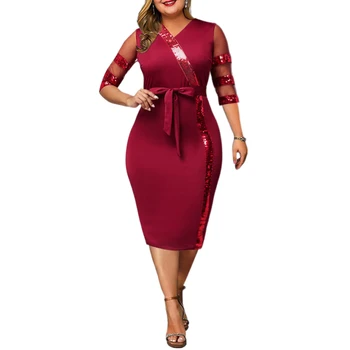 Женские Дизайнерские Красные Облегающие платья с сетчатым рукавом большого размера, Сексуальное Коктейльное платье с V-образным вырезом и рюшами, платье Миди с поясом, Vestidos