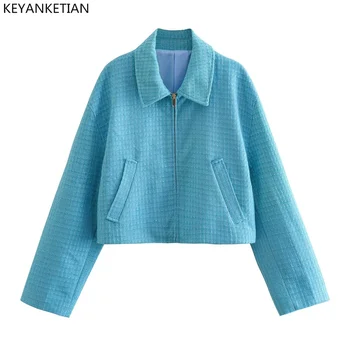 KEYANKETIAN/ Весеннее новое текстурированное короткое пальто с воротником-поло грубой фактуры, небольшим ароматом, женская повседневная свободная куртка на молнии, топ
