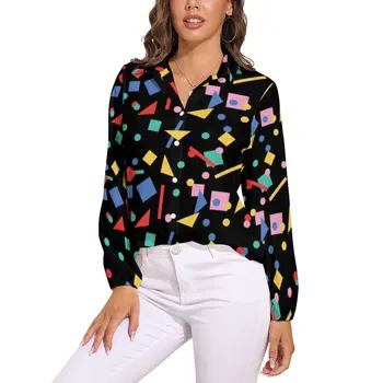 Блузка в стиле ретро 80-х в стиле поп-арт, геометрические формы, красивые блузки с принтом, женская уличная рубашка, осенние топы оверсайз с длинным рукавом
