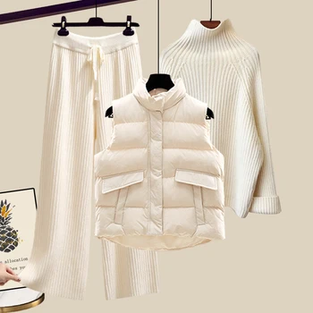 Зимний Зимний костюм, Женский высококачественный свитер свободной вязки с однотонным жилетом, пальто, вязаные широкие брюки, зимний комплект из трех предметов