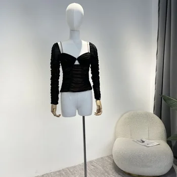 Женские Черные Тюлевые Топы 2022 Осень, Высококачественная Боковая Молния С Бантом, Облегающая Дизайнерская Одежда