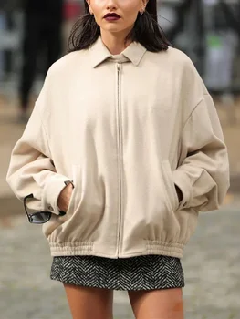 Женская куртка однотонного цвета с отложным воротником на молнии, зимнее новое модное свободное пальто с карманами