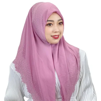 86 см Однотонный Шарф Мусульманских Женщин С Бриллиантами, Хиджаб, Модные Квадратные Шарфы, Малайзийские Головные Уборы, Исламские Шали, Бандана