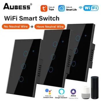 AUBESS Tuya WiFi US EU Умный Сенсорный Выключатель Света 1/2/3/4 Банды Настенная Кнопка 
