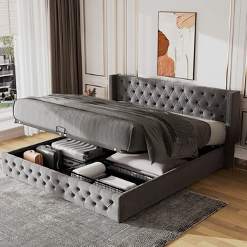 Двуспальная кровать с мягкой обивкой 180*200 с гидравлической функцией, Дно кровати грязеотталкивающее, черный нетканый материал, серый