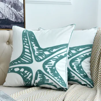 Чехол для дивана с геометрической шерстяной вышивкой, хлопок озерно-синего и зеленого цветов, чехол для подушки с океаном, спальня