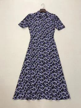 Женское Длинное платье из 100% шелка с абстрактным принтом в стиле Ретро, однобортный халат Макси с коротким рукавом 2022, Новое Женское платье