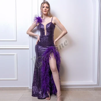 Кэролайн, привлекательная вечеринка в стиле русалки без рукавов для женщин, платья для выпускного вечера с перьями, персонализированное праздничное платье с разрезом сбоку