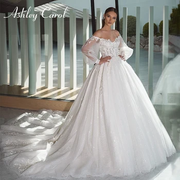 Кружевное бальное платье Ashley Carol Свадебное платье 2022 с пышными рукавами и открытой спиной, Расшитое бисером, аппликации, платья принцессы Невесты, Vestido De Noiva