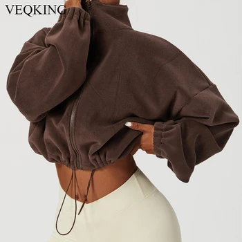 Флисовая спортивная куртка VEQKING, женское осенне-зимнее спортивное пальто с воротником-стойкой, свободное плюшевое теплое повседневное флисовое пальто для бега на открытом воздухе