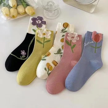 универсальные креативные однотонные женские носки средней длины в мелкий цветок, спортивные дышащие хлопчатобумажные носки для девочек-учениц художественной школы