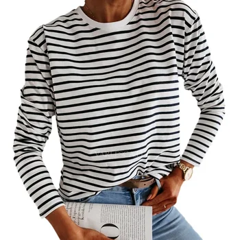Повседневная женская футболка с круглым вырезом в полоску, футболка с длинным рукавом, свободные Классические футболки с графическим рисунком на весну-осень
