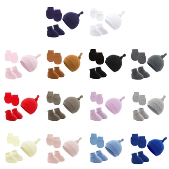Q0KB Комплект мягких хлопчатобумажных шапочек для новорожденных, носков и варежек, шапочки для новорожденных мальчиков и девочек (0-6 месяцев)