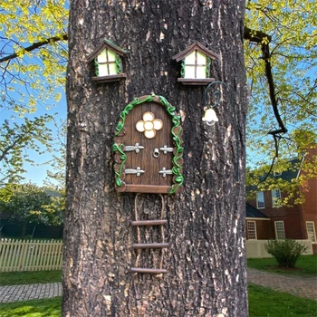Кукольный Домик Миниатюрная Сказочная Дверь Окно для Деревьев Светящиеся в Темноте Художественные Скульптуры