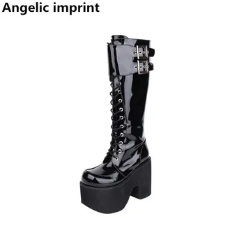 Ангельский отпечаток, Женские мотоциклетные ботинки mori girl в стиле панк, обувь для косплея, женские ботинки в стиле лолиты, женские ботинки на очень высоком тонком каблуке 15 см