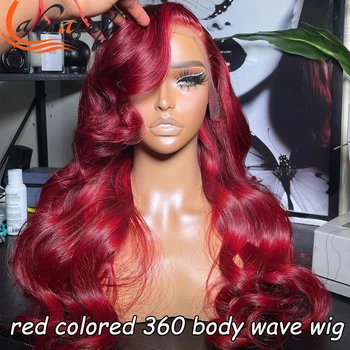 Красные 99J Цветные HD Полные Человеческие Волосы 360 Кружевных Фронтальных Париков Объемная Волна Бордовый 13x4 Кружевные Фронтальные Парики Бразильские Женщины Отбеленные Узлы