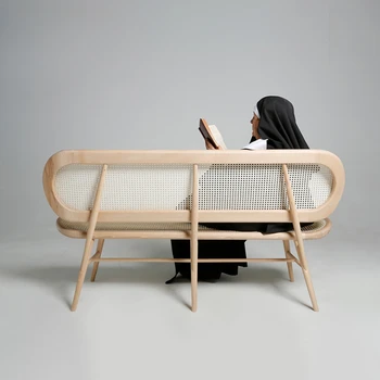 Двойной стул из массива дерева, ретро-досуг, домашняя скамейка из ротанга, сплетенная для проживания в семье,