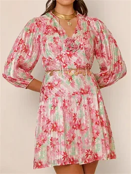 Женское мини-платье с объемным цветочным рисунком, с люрексом, с цветочным принтом, на шнуровке, с рукавом-фонариком, Женские халаты с V-образным вырезом, Лето 2023 г.